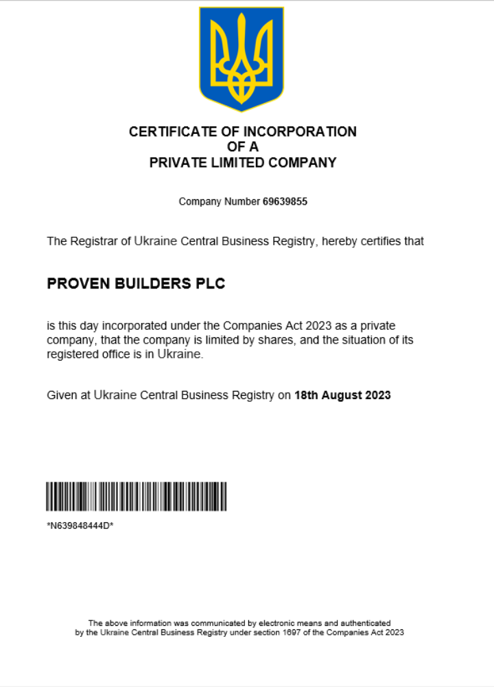 Ukraine business registration certificate Word and PDF template